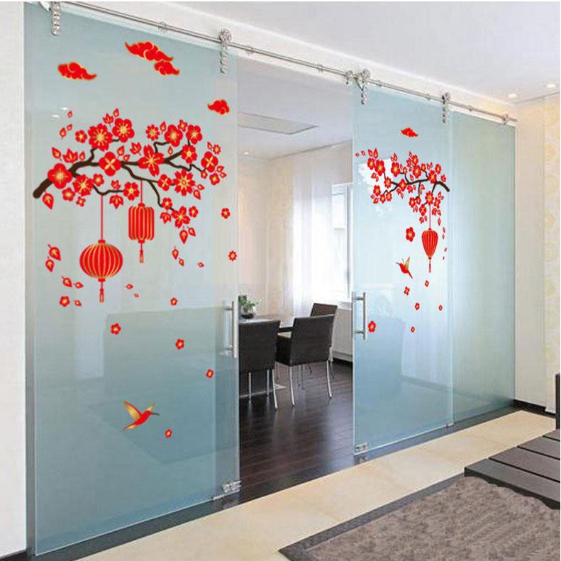 Decal dán tường decal trang trí tết Decal hoa đào,Hoa mai lồng đèn,con lân