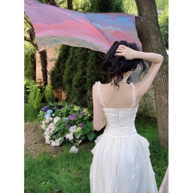 Váy tiểu thư ngọt ngào phối bèo sóng mây thướt tha thời trang nữ kèm feelback khách xinh V2BE