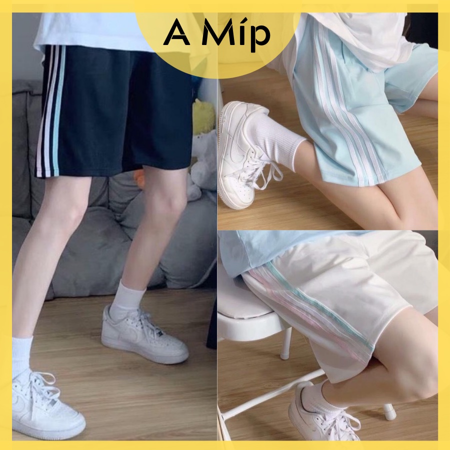 Quần Short Đùi Unisex Kẻ Sọc Nam Nữ Dáng Rộng Dây Rút 3 Màu💃
