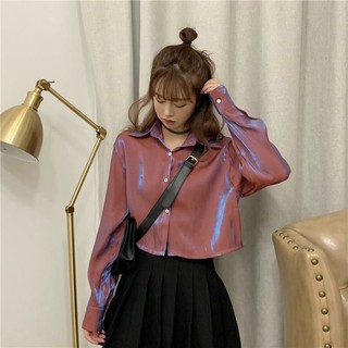 Áo sơmi croptop dài tay dáng rộng vải bóng blink blink
