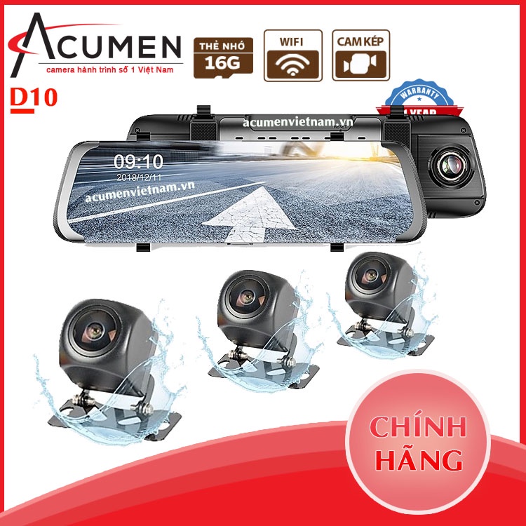 Camera hành trình gắn gương D10, cảnh báo va chạm, màn hình full HD