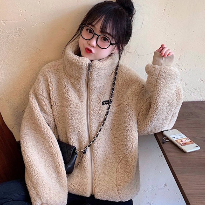 Áo Khoác nữ form rộng, áo khoác lông cừu Ulzzang nữ cổ đứng màu be | BigBuy360 - bigbuy360.vn