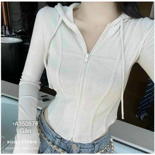 Áo Khoác Nữ Ôm Body Tôn Dáng ,Áo Kiểu Tay Dài Viền Gân Dây Kéo Giữa Có Nón Dáng Croptop Thun Gân Co Dãn Đen/Trắng/Nâu