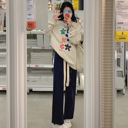 Áo thun ZHELIHANGFEI dài tay in hoa thiết kế dáng rộng dễ phối đồ