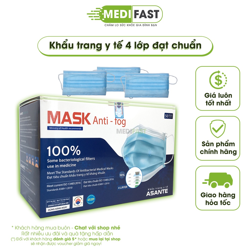 Khẩu trang y tế 4 lớp màu xanh kháng khuẩn hộp 50 cái lọc bụi, dùng một lần