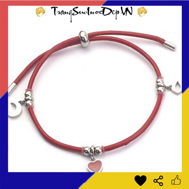 Vòng tay nữ dây da kiểu rút màu đỏ phối phụ kiện inox màu trắng không đen vô cùng xinh xắn, đáng yêu - Nhiều mẫu dễ chọn