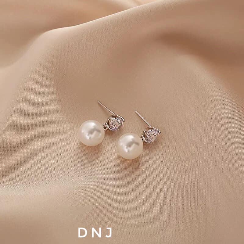 Bông tai nụ đá bạc ta treo ngọc trai giả