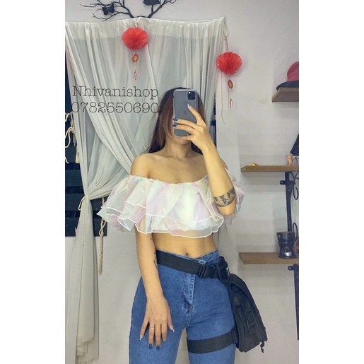 áo trễ vai voan kính cầu vồng sang chảnh ( áo croptop cầu vồng )