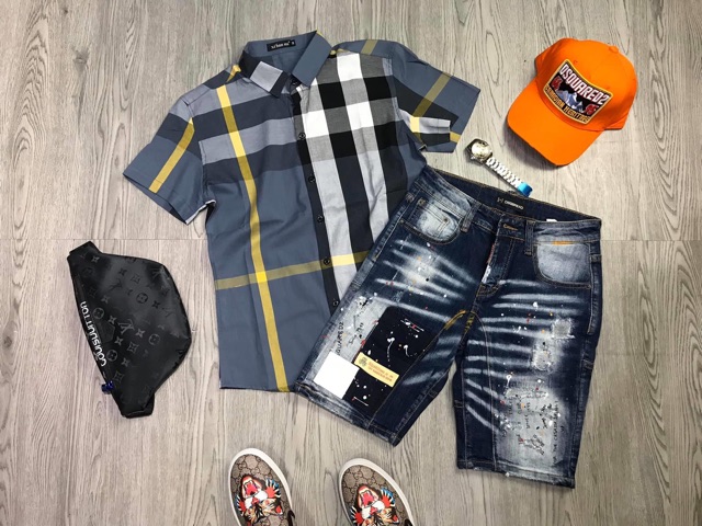 Áo sơ mi bbr nam tay ngắn kẻ sọc chất co dãn thời trang. | BigBuy360 - bigbuy360.vn