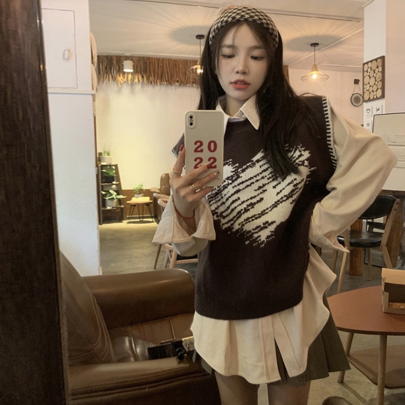 Áo Sweater Không Tay In Họa Tiết Trái Tim Màu Sắc Tương Phản Phong Cách Hàn Quốc Cho Nữ