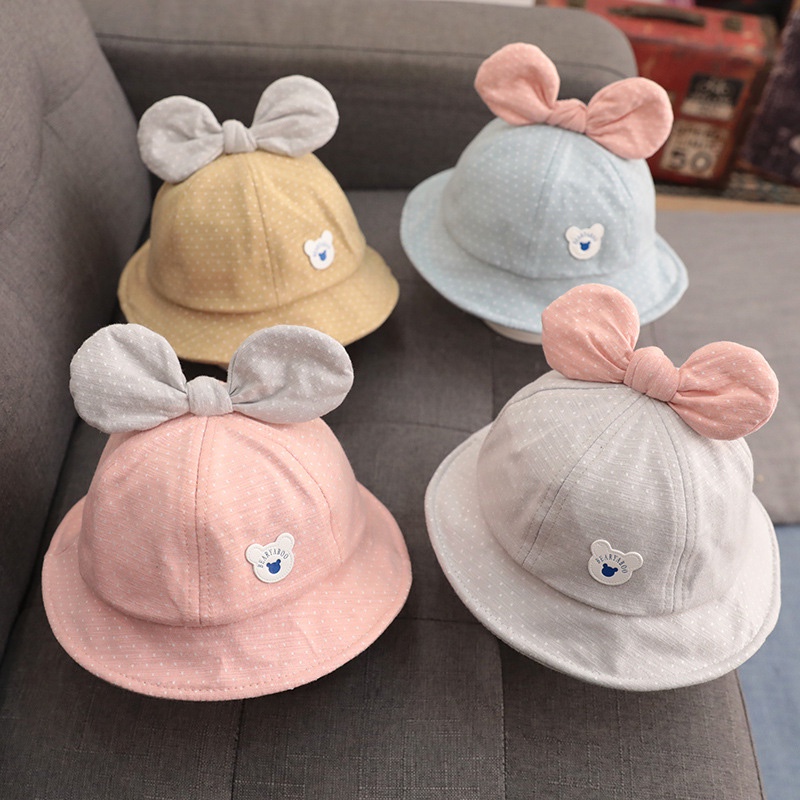 Nón Cotton Mềm Chống Nắng Phối Nơ Họa Tiết Chấm Bi Dễ Thương Cho Bé Gái