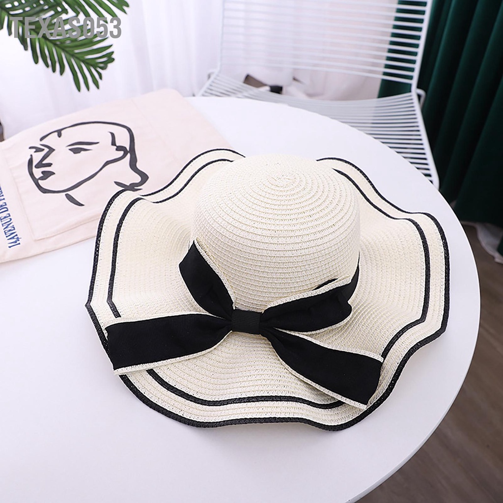 [Hàng Sẵn] Nón Cói nữ nơ kép vành sóng có vành lớn chống nắng mùa hè Thoải mái Thời trang đi biển【Texas053】
