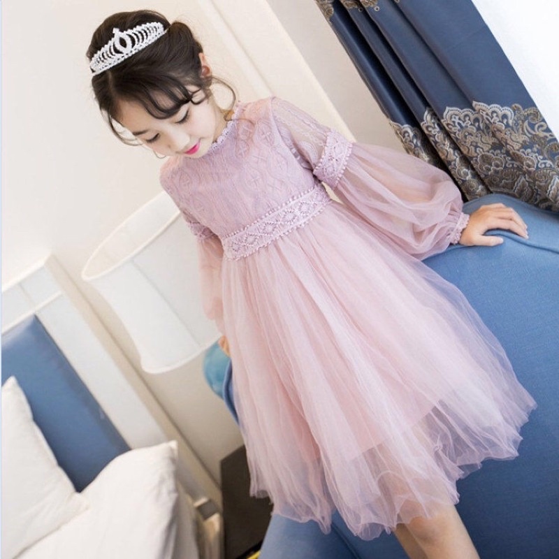 váy thu đông ren tay bồng tiểu thư Quảng Châu cho bé gái 12-33kg