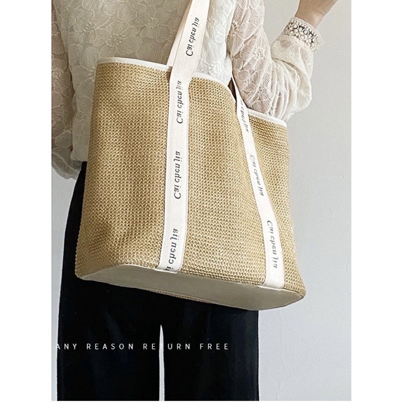Túi tote đeo vai bằng cói dây đeo in chữ Caichenjia