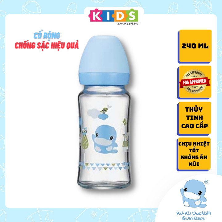Bình sữa thủy tinh cổ rộng kuku ku5865 240ml chống sặc hiệu quả