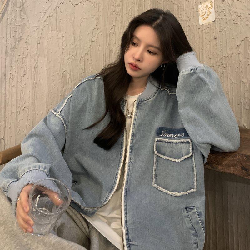 Áo khoác denim dáng rộng phối khóa kéo thời trang mùa thu phong cách retro Mỹ cho nữ