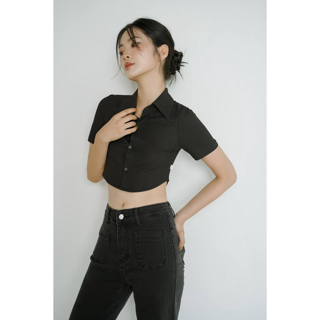 Áo thun nữ Méo shop form ôm cổ sơ mi tay ngắn croptop Navi