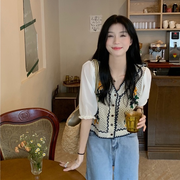 Áo sơ mi ZHELIHANGFEI ngắn tay thêu họa tiết xinh xắn