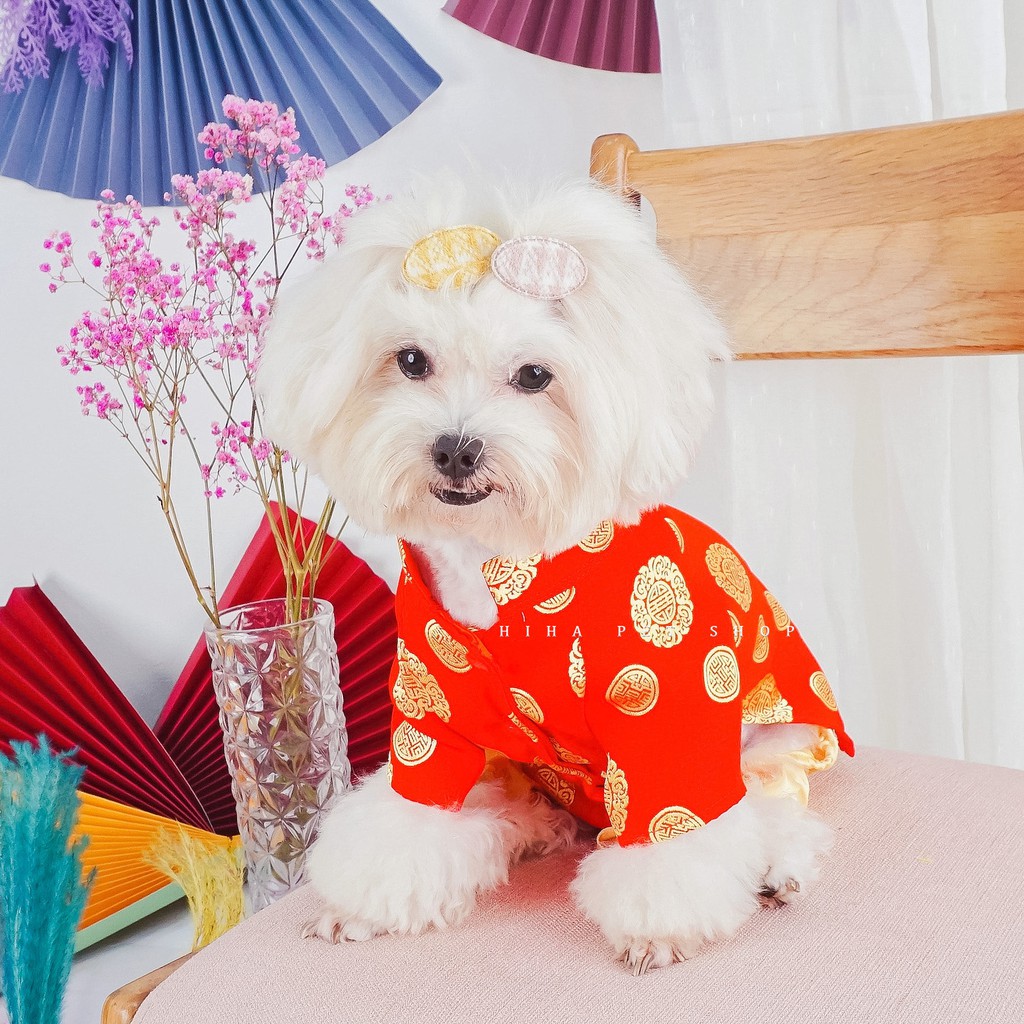 Áo dài Tết truyền thống chó mèo Hihapet - Quần áo cho thú cưng năm mới - Vải gấm Thái Tuấn chất lượng.