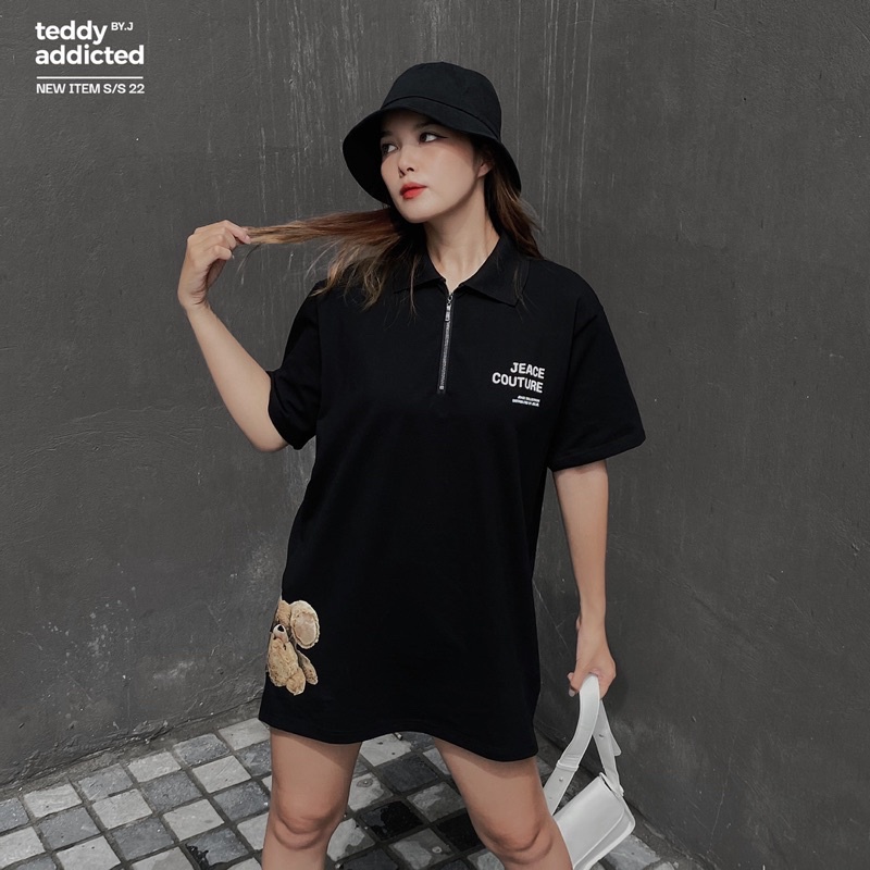 Áo polo cổ kéo khoá Teddy addicted form suông unisex nam nữ chất cotton thoáng mát