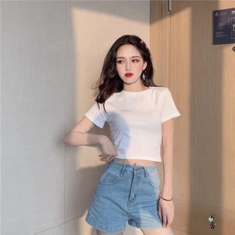 Áo croptop trơn chất zip cotton co dãn tốt, vải dầy, 2 màu Đen, Trắng, cổ tròn, ngắn tay