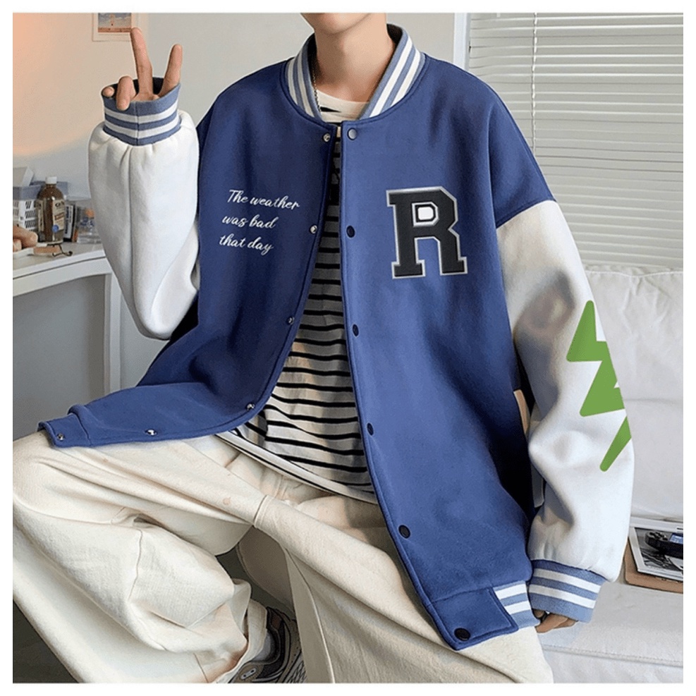 ÁO KHOÁC BOMBER NAM HỌA TIẾT CHỮ R TIA SÉT CÁNH TAY THỜI TRANG CÁ TÍNH SÀNH ĐIỆU