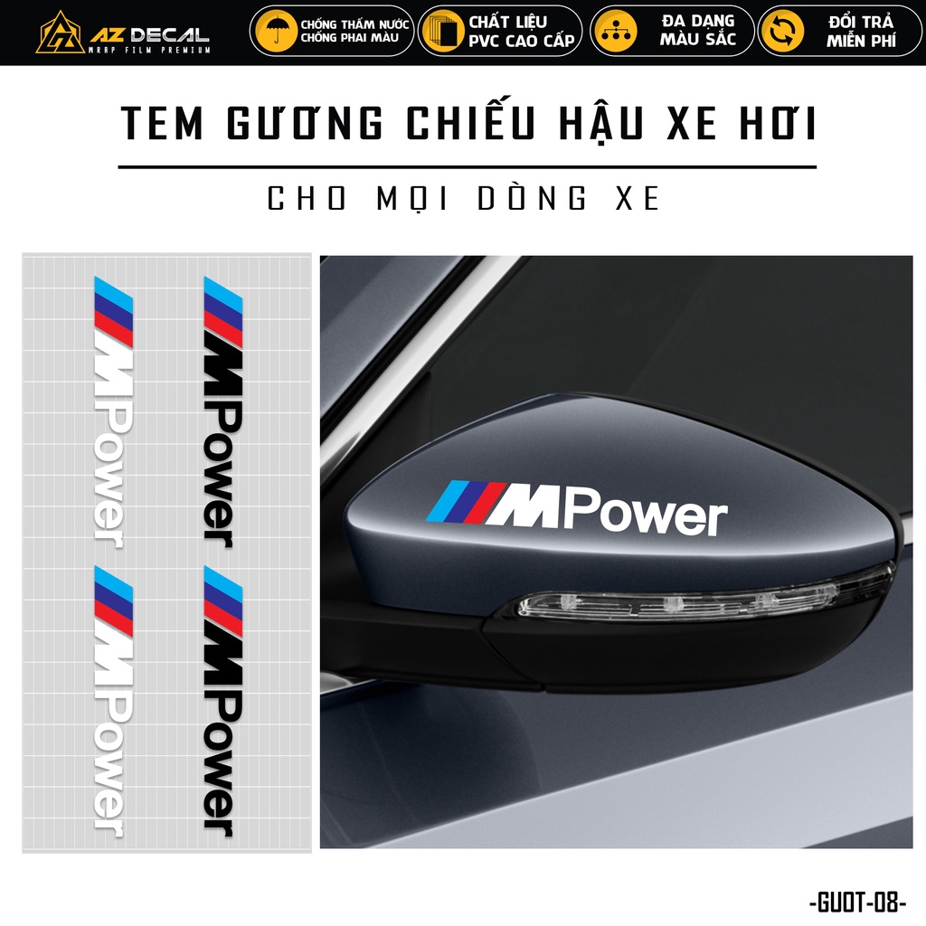 Decal Gương Dán Xe Hơi Thiết Kế MPower | GUOT08 | Tem Dán Xe Ô Tô Oto Xe Tải Taxi Chống Nước Bền Màu