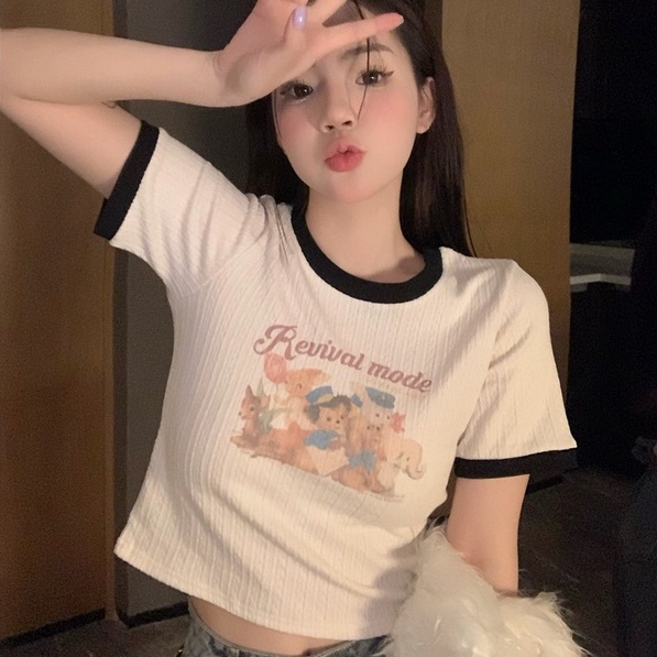 Áo kiểu ZHELIHANGFEI vải dệt kim ngắn tay in họa tiết xinh xắn theo phong cách Mỹ