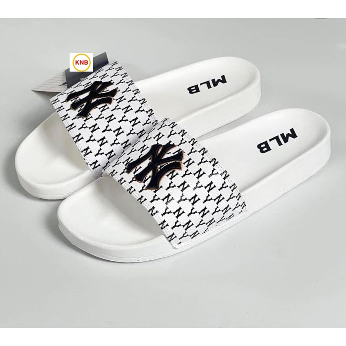 Dép 𝐌𝐋𝐁 UNISEX mẫu dép thể thao ❤️ Freeship + Hộp ❤️ Dép NY bóng chày quai ngang nam nữ chữ thêu nỗi kèm mác trắng đen