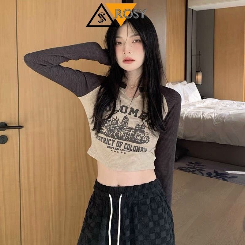 Áo croptop tay dài in hình màu sắc lạ mắt cá tính