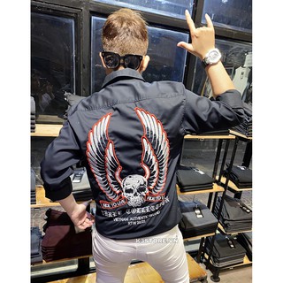 Áo sơ mi tay dài thêu dead THREE COLLECTION  k3 store chất kaki co dãn thêu full áo