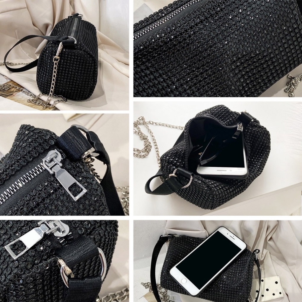 Túi đeo chéo nữ mã DD01, túi xách tay, hình chữ nhật đính đá, cá tính, 2 màu đen trắng, minstore