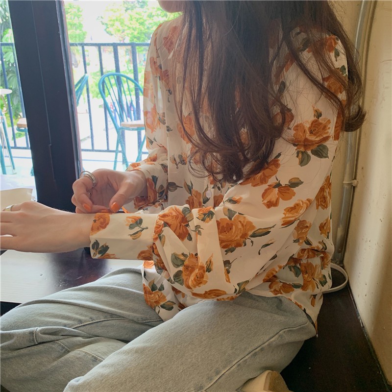 (ORDER) Áo sơ mi nữ voan hoa hồng vàng dài tay nhẹ nhàng Hàn Quốc