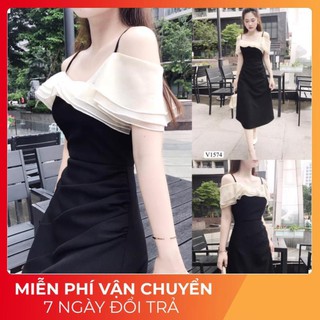 (FREESHIP+ẢNH THẬT) VÁY DỰ TIỆC VÁY ĐEN 2 DÂY TRỄ VAI V1574