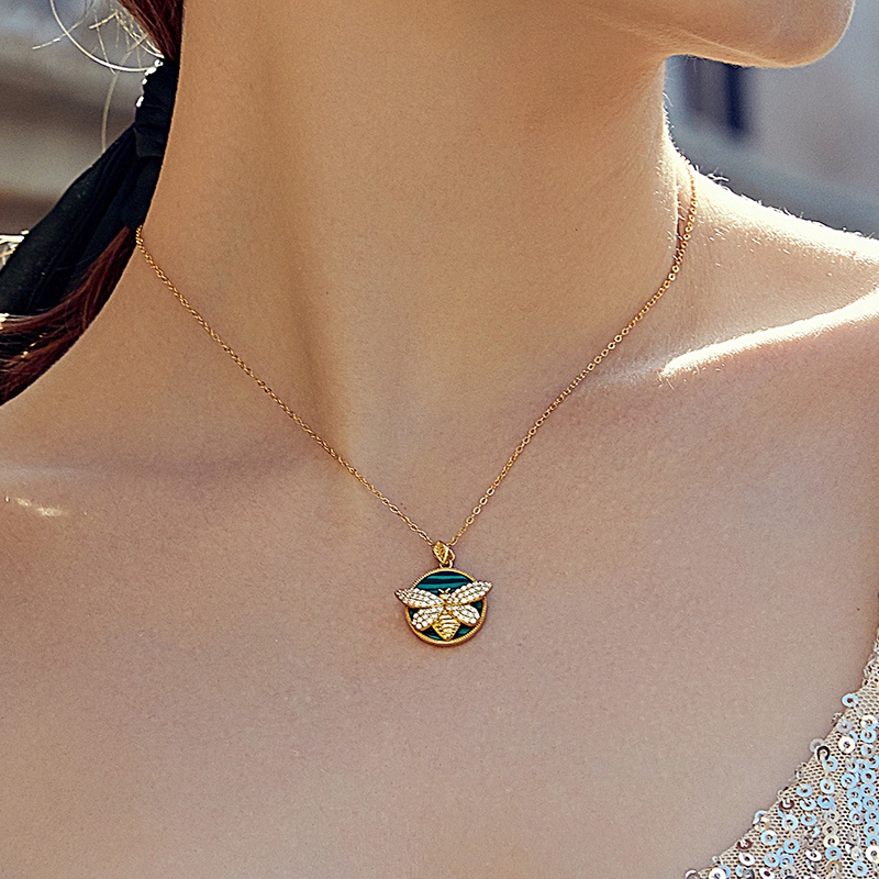 Dây chuyền/ Khuyên tai Bamoer bằng bạc 925 mặt ong đính đá Malachite thời trang cho nữ