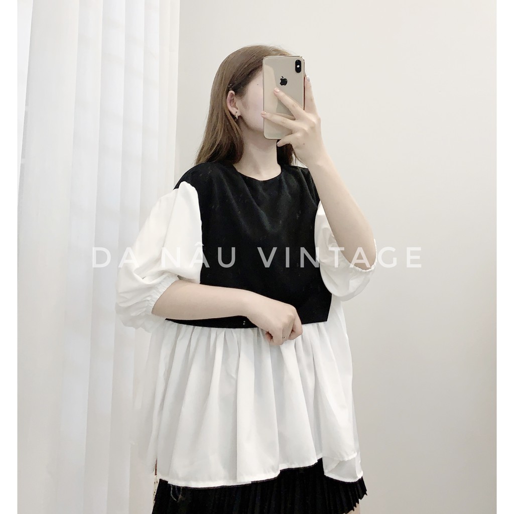 Áo kiểu nữ dáng Babydoll tay phồng tiểu thư phối đen trắng thắt dây eo – Da Nâu Vintage