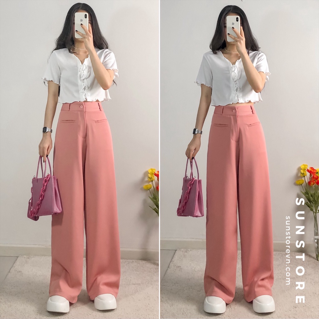 Quần ống rộng túi mổ culottes dáng suông dài cài nút lưng cao chất rũ THRE PANT