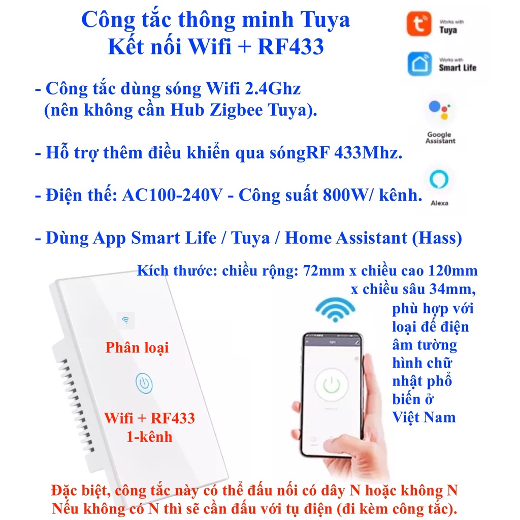 Công tắc thông minh Tuya Basic, kết nối Wifi, Zigbee, RF433, App Smart Life hoặc Tuya.