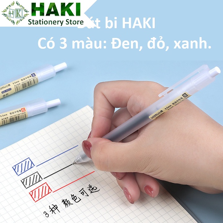Bút bi bấm HAKI mực gel màu đen đỏ xanh ngòi 0.5mm viết trơn ra mực đều dụng cụ văn phòng phẩm B61