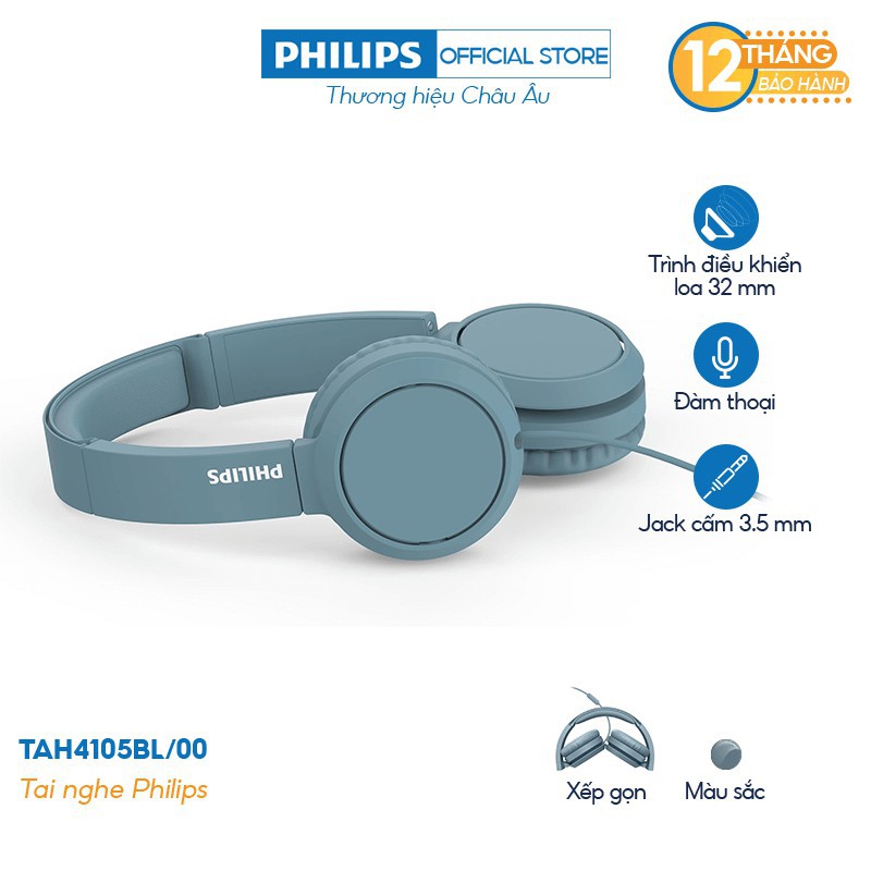  Tai nghe Philips có dây TAH4105BL, Có mic - Màu xanh - Hàng Chính Hãng