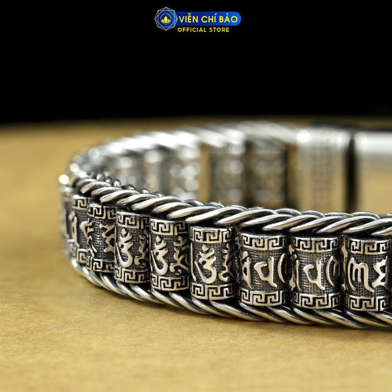 Lắc tay bạc nam khắc Lục tự chân ngôn mặt vuông chất liệu bạc Thái 925 thương hiệu Viễn Chí Bảo L100290