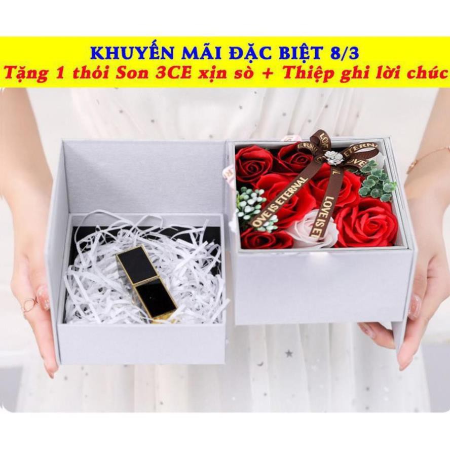 Hộp Quà Tặng Bạn Gái 8-3 Hoa Hồng Sáp Thơm + kèm 1 Thỏi Son 3CExịn sò sang chảnh cùng Thiệp lời chúc