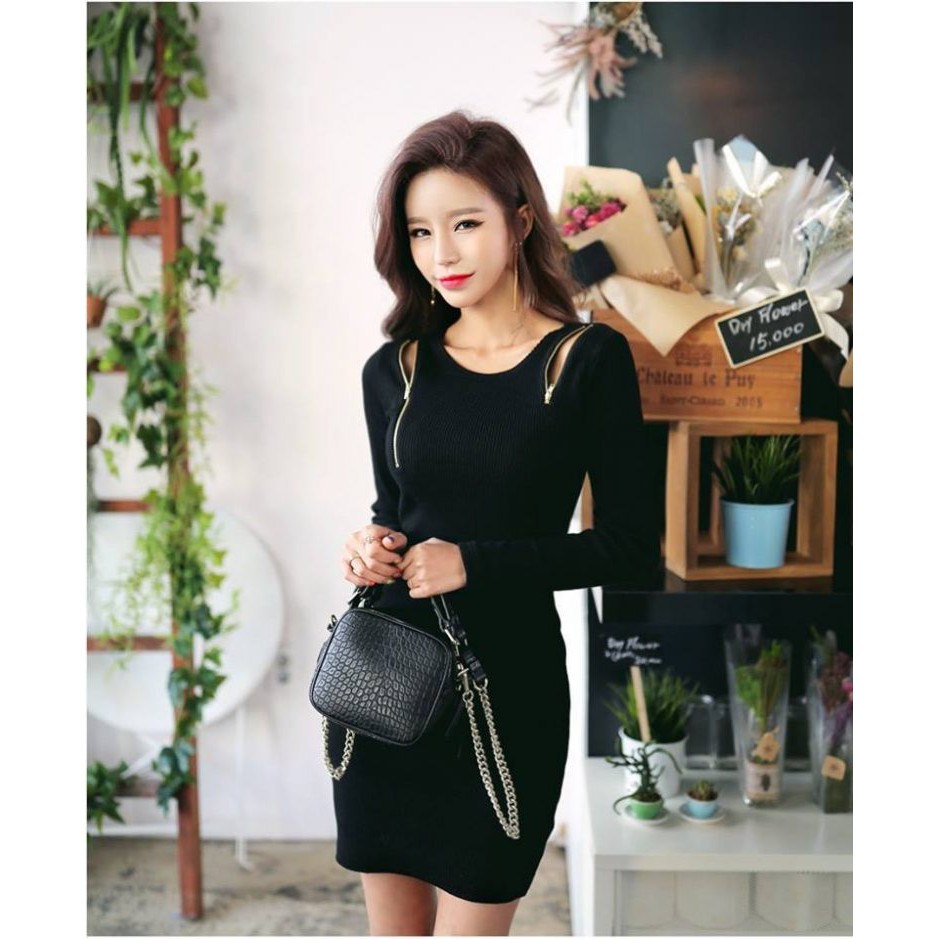 215 – Đầm Ôm Body Cổ Tròn Tay Dài Phối Dây Kéo Khóa