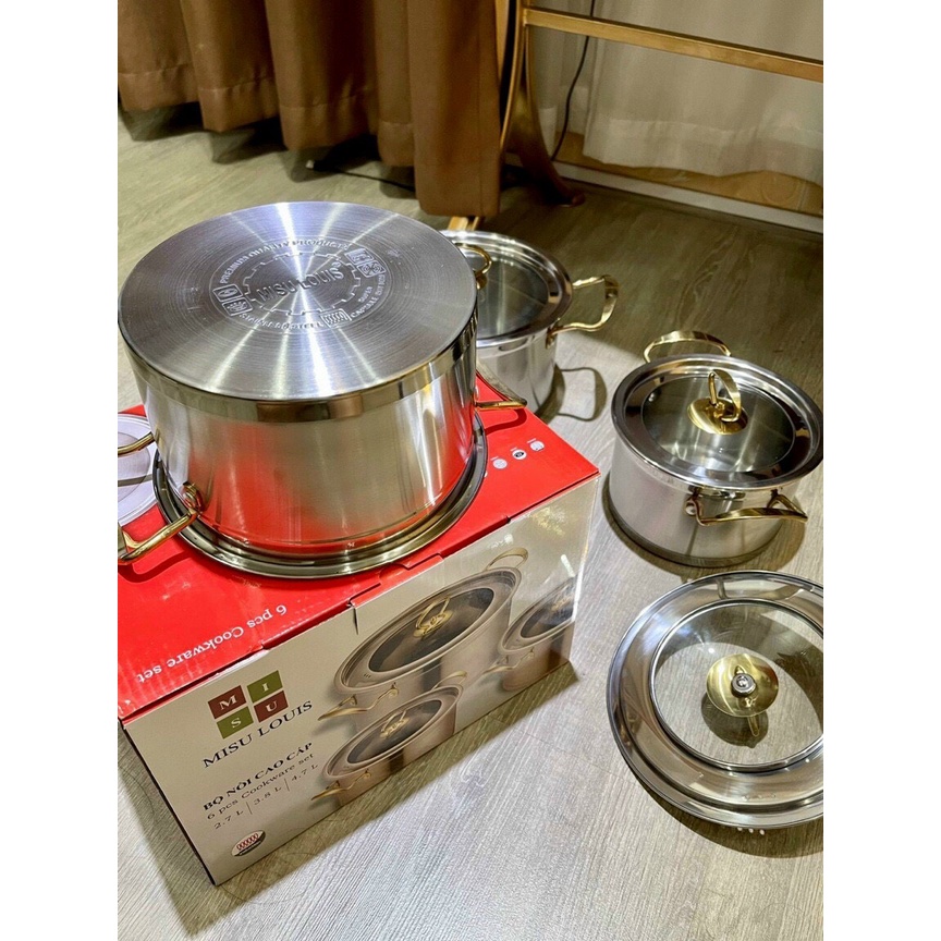 Bộ 3 nồi Misu Louis inox 304 cao cấp, bộ nồi inox đáy 3 lớp sử dụng cho mọi loại bếp giữ nhiệt nấu nhanh