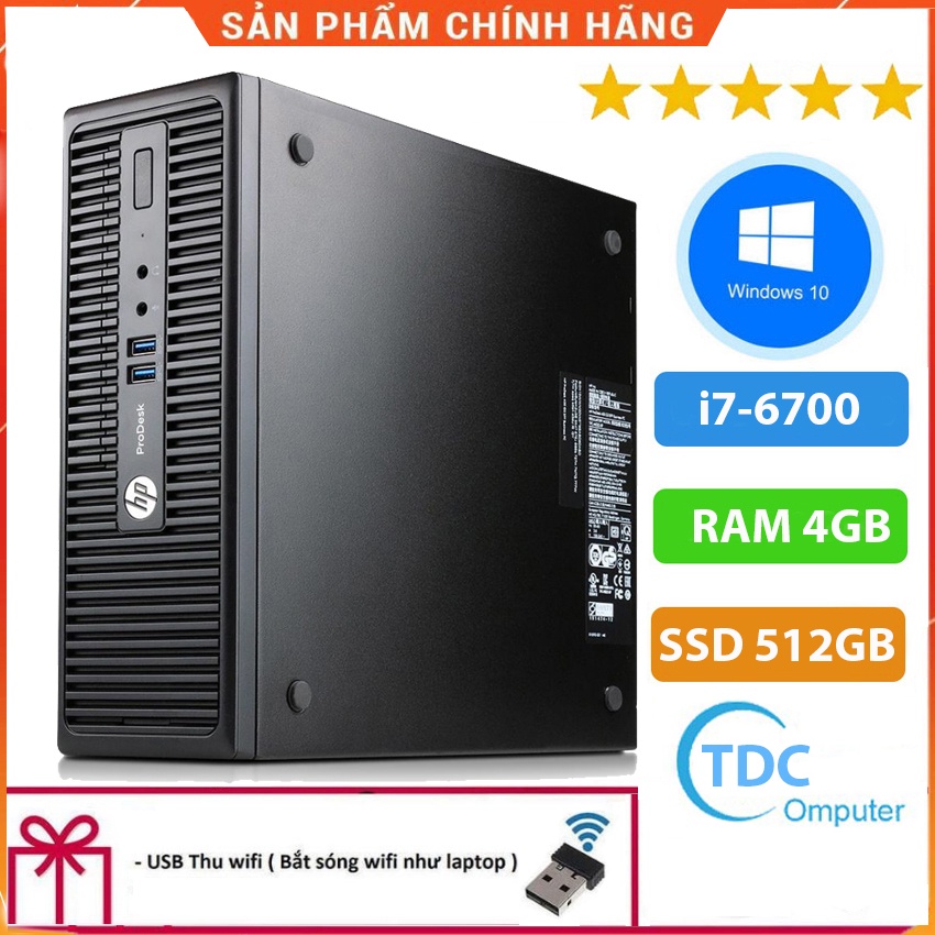 Case máy tính đồng bộ HP ProDesk 400G3 SFF, cpu core i7-6700, ram 4GB, SSD 512GB Tặng USB thu Wifi