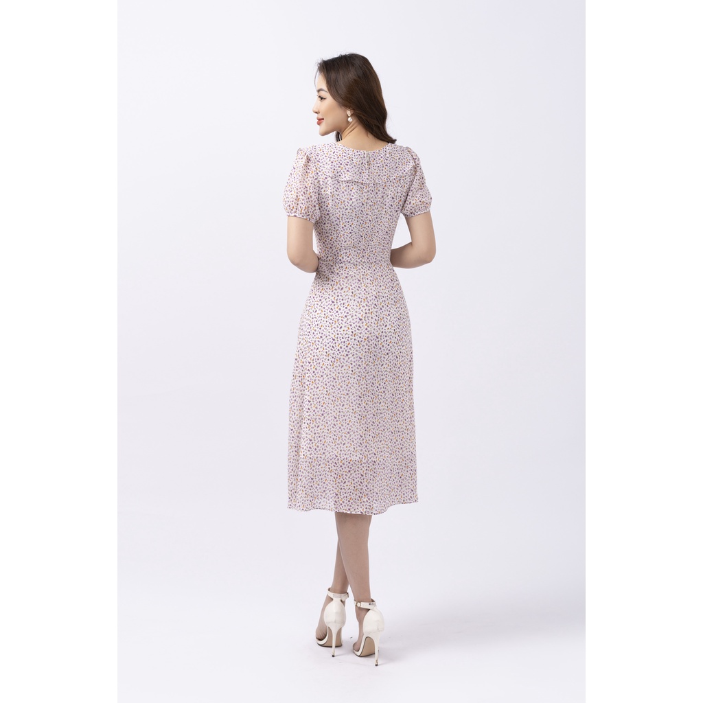 Đầm thiết kế cao cấp FIONA váy công sở nữ họa tiết hoa nhí cổ tròn bèo rủ 1 bên đính hoa trang trí F452240