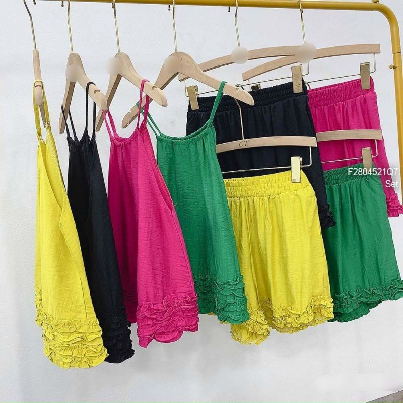 Sét bộ ngủ áo Yếm quần bèo vải Đũi Nhăn Cao cấp