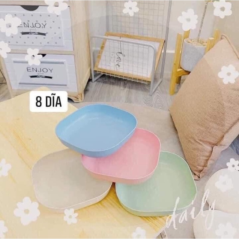 Set 8 Đĩa Lúa Mạch Vuông Màu Pastel (4 Đĩa Nông, 4 Đĩa Sâu)