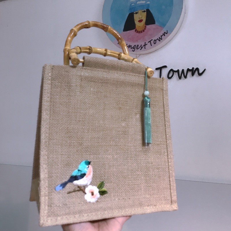 Túi cói bố hoạ tiết thêu thủ công 🦜