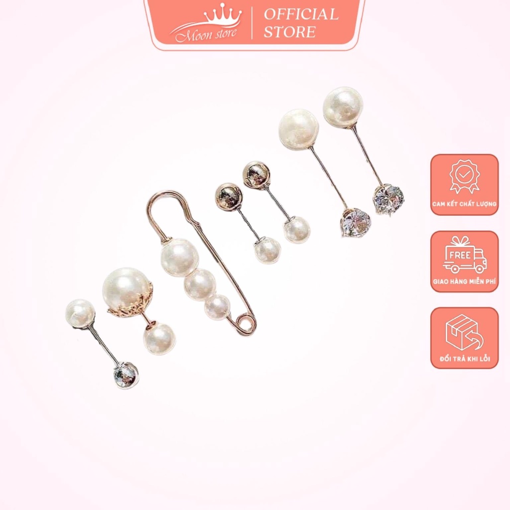 Set 7 cài áo, ghim băng, khuy cài, nút gài quần áo đính ngọc trai nhân tạo 7 món siêu xinh